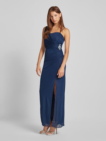 Christian Berg Cocktail Abendkleid mit Raffungen und Ziersteinbesatz Dunkelblau 1