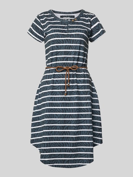 Produktfoto, Knielanges T-Shirt-Kleid mit Bindegürtel von G.I.G.A. DX aus Reine Baumwolle, Gerader-Schnitt, Rundhalsausschnitt, Knopfleiste, gestreiftes Muster
