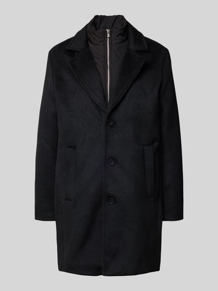 Produktfoto, langer schwarzer Mantel mit Stehkragen Modell 'BLASTANFORD' von Jack & Jones Premium, Woll-Mix, Reißverschluss, Knopfleiste, Eingrifftaschen.