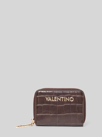 Produktfoto, Portemonnaie mit Logo-Schriftzug von Valentino Bags in glänzender Lederoptik mit Strukturmuster, rechteckig, goldene Details