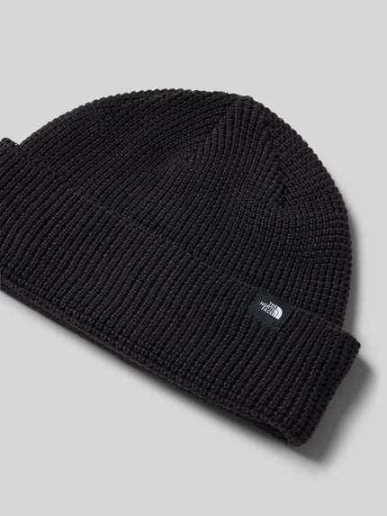 Produktfoto, Beanie mit Label-Patch Modell 'FISHERMAN' von The North Face, schwarze Strick-Optik mit Strukturmuster, Herrenaccessoire