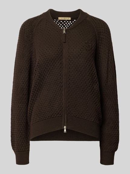 Produktfoto, Oversized Strickjacke mit Lochmuster Modell 'Bomber' van Smith and Soul, katoenmix, ribboorden, ronde hals, donkere bruine tinten, tweewegritssluiting, Dames