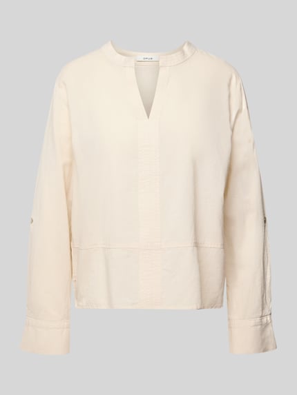 Produktfoto, Regular Fit Bluse mit V-Ausschnitt Modell 'Feleen' von OPUS, kremowy kolor, bawełniano-lniana faktura, krój regular fit, długość pleców 58 cm, długość rękawa 57 cm