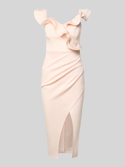 Productfoto, Slim Fit Midikleid met loopsplit van Lipsy, zachte beige tint, plooien, mouwloos design, elastische materiaalmix
