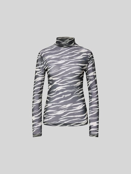 Produktfoto, Longsleeve im semitransparenten Design von Lala Berlin mit Allover-Animal-Print, Slim-Fit, Stehkragen, Elastischer-Material-Mix