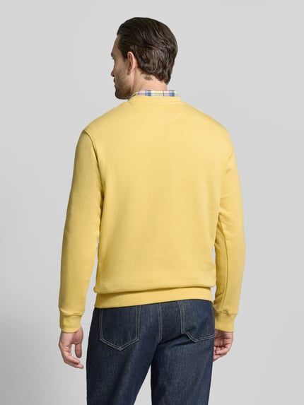 Männermodel trägt Sweatshirt mit Rundhalsausschnitt von Scotch & Soda in Gelb, Reine Baumwolle, Regular-Fit, Label-Stitching, Rückenlänge 67 cm, Ärmellänge 64 cm, Ganzkörperansicht Rückansicht.