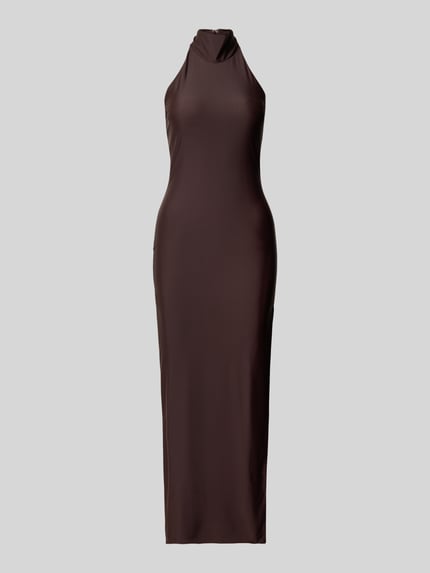 Produktfoto, ciemnobrązowe Slim Fit Abendkleid mit Stehkragen von Laona, krój slim fit, długość maxi, zamek w szwie, neckholder, długość tyłu w rozmiarze 36: 145 cm, szerokość w rozmiarze 36: 38 cm, gładka tekstura