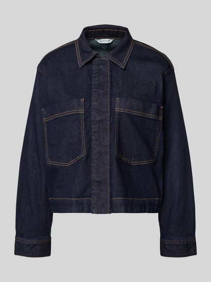 Produktfoto, Regular Fit Jeansjacke aus Baumwoll-Mix von Tom Tailor, dunkelblauer Denim, Umlegekragen, Druckknopfleiste, Twillstruktur, Brusttaschen