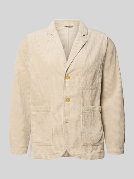 Produktfoto, Regular Fit Sakko aus Cord mit Reverskragen von Lindbergh in Beige, reine Baumwolle, strukturierte Oberfläche, Knopfleiste, aufgesetzte Taschen, Rückenlänge 69 cm, Schulterbreite 42 cm, Ärmellänge 64 cm.