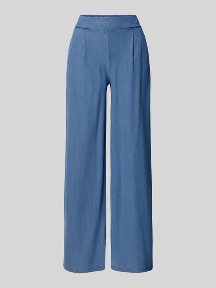 Produktfoto, Wide Fit Jeans mit elastischem Bund Modell 'KATE' von ICHI aus blauem Baumwoll-Mix mit Stretch-Anteil, gerade geschnitten, Textur glatt, Bundweite 40 cm, Innenbeinlänge 80 cm für Damen