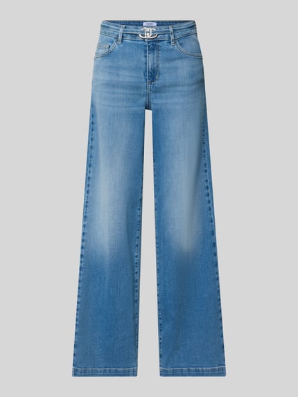 Produktfoto, Flared Jeans mit 5-Pocket-Design von Liu Jo White in mittlerem Blau, Baumwoll-Mix mit Stretch, sichtbarer Stoffgürtel, glatte Textur