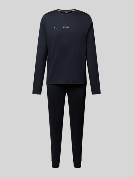 Productfoto, regular fit pyjama-set uit puur katoen van BOSS, donkerblauw met witte print, Heren pyjama van BOSS
