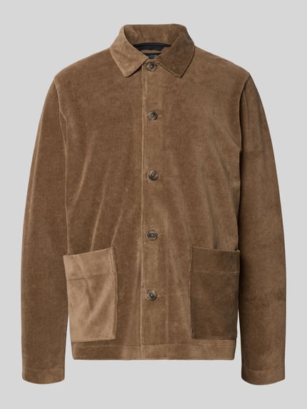 Produktfoto, Regular Fit Hemd aus reiner Baumwolle von Marc O'Polo in uni bruin cord, Kentkraag, lange mouwen, opgestikte borstzak, structuurtextuur.