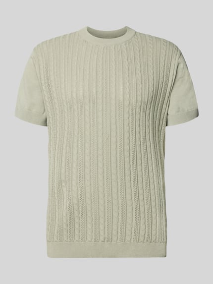 Produktfoto, T-Shirt mit Zopfmuster von Lindbergh in Hellbeige, reine Baumwolle, Strick-Optik, gerader Schnitt, Rundhalsausschnitt.