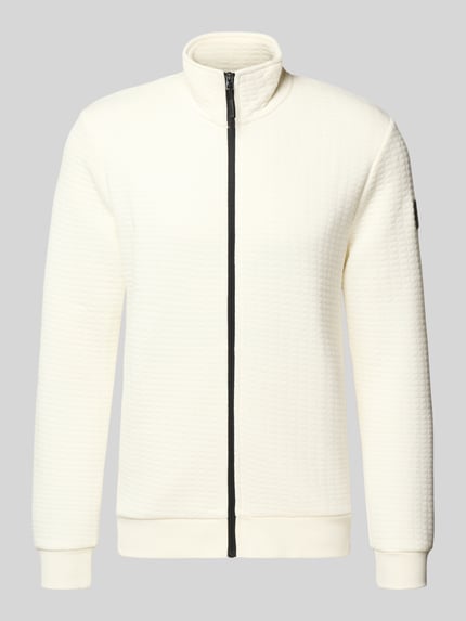 Produktfoto, Loose Fit Sweatjacke aus Baumwoll-Mix van Tom Tailor Denim in crème, unifarben, met rits, geribde boorden, label patch, sweat crinkle.