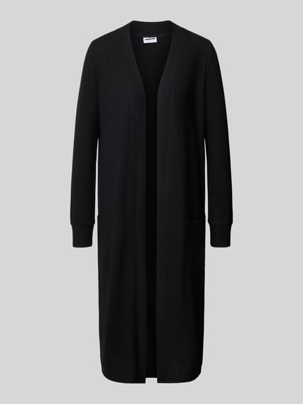 Produktfoto, schwarzer Longcardigan mit aufgesetzten Taschen, Material-Mix mit Stretch-Anteil, Regular Fit, Modell 'CITY' von Noisy May.
