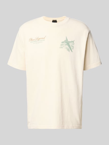 Productfoto, Relaxed Fit T-shirt met labelprints en ronde hals van PME Legend, heren, puur katoen, ruglengte bij maat M 70 cm, crème, zachte structuur