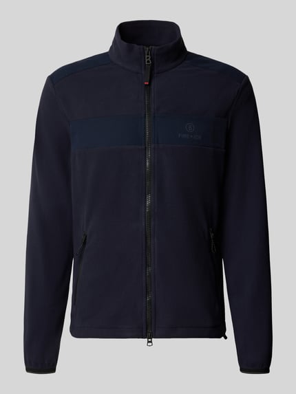 Produktfoto, Regular Fit Sweatjacke mit Stehkragen Modell 'JOSH' von FIRE + ICE in Dunkelblau, Zweiwege-Reißverschluss, Label-Detail, glatte Textur