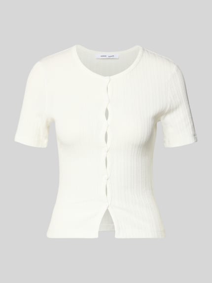 Produktfoto, T-Shirt mit Motiv-Print Modell 'SAJUNI' von Samsøe Samsøe, damski t-shirt z bawełny, krój regular fit, okrągły dekolt, długość tyłu w rozmiarze S: 57 cm, kolor ecru, wyraźna struktura materiału