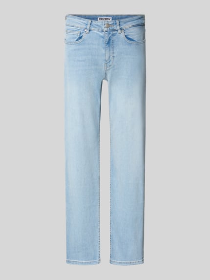 Productfoto, lichtblauwe Straight Fit Jeans uit katoenmix van review, 5-pocketmodel, knoop- en ritssluiting, dames jeans, maat 27, Bandwijdte 37 cm, Binnenbeenlengte 77 cm