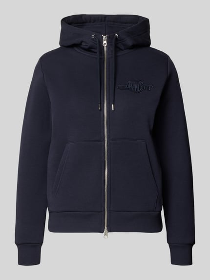 Produktfoto, Sweatjacke mit Zweiwege-Reißverschluss und Label-Stitching von Gant aus Baumwoll-Mix, Regular Fit, Kapuze mit Tunnelzug, Känguru-Tasche, dunkelblau, klare Nahtführung, glatte Textur