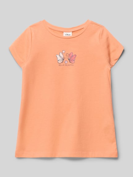 Productfoto, Regular Fit T-Shirt aus reiner Baumwolle van s.Oliver RED LABEL in effen perzikkleur met vlinderprint, ronde hals, korte mouwen, licht uitlopend, jersey van zuiver katoen