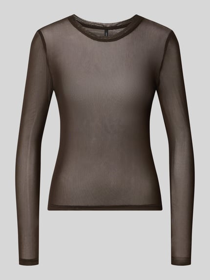 Produktfoto, transparant bruin slim fit shirt met lange mouwen en ronde hals, licht glanzende textuur, Slim Fit Langarmshirt mit Rundhalsausschnitt Modell 'LOVA' van VERO MODA, Dames