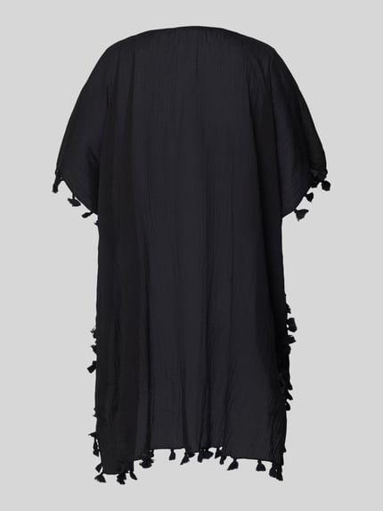 Produktfoto, Oversized Kaftan mit Rundhalsausschnitt von Seafolly aus reiner Baumwolle, schwarze Farbe, Fransen, lekka struktura powierzchni.