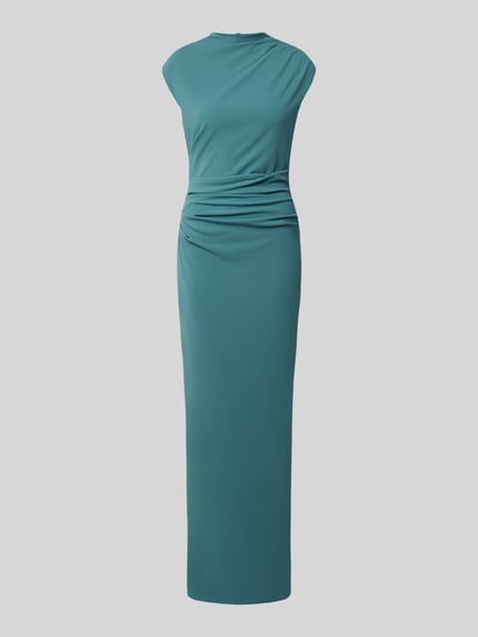 Produktfoto, Abendkleid mit Stretch-Anteil van SWING in teal, elastische materiaalmix, maxilengte, opstaande kraag, getailleerde pasvorm, ruglengte maat 36: 149 cm, borstwijdte maat 36: 44 cm, taille met plooien, naadritssluiting achter