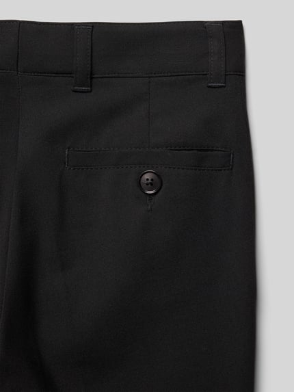 Produktfoto, Spodnie materiałowe z wpuszczaną kieszenią z tyłu i zapięciem na guzik i zamek błyskawiczny, prosty krój, model Stoffhose mit französischen Eingrifftaschen od G.O.L., szerokość w pasie przy rozmiarze 128: 30 cm, długość wewnętrzna nogawki: 55 cm, czarna gładka tkanina