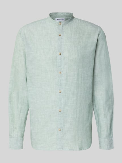 Produktfoto, Regular Fit Freizeithemd aus Baumwoll-Leinen-Mix von Jack & Jones in hellem Mintgrün, Stehkragen, Knopfleiste, glatte Textur