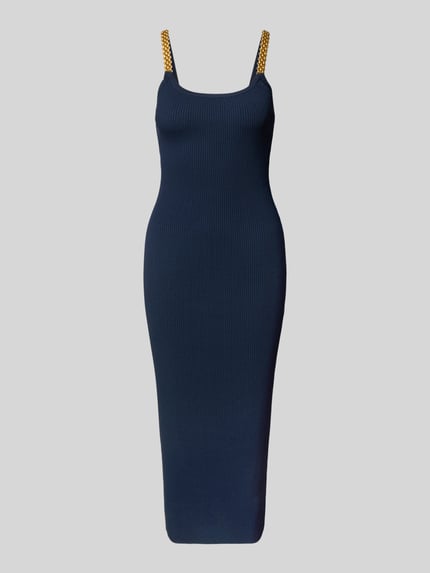 Produktfoto, Midikleid mit tiefem Rundhalsausschnitt von Hemdblusenkragen, granatowy, dzianina prążkowana, wiskoza ze stretchem, krój slim fit, regulowane ramiączka, długość tyłu w rozmiarze S: 104 cm, szerokość w rozmiarze S: 36 cm