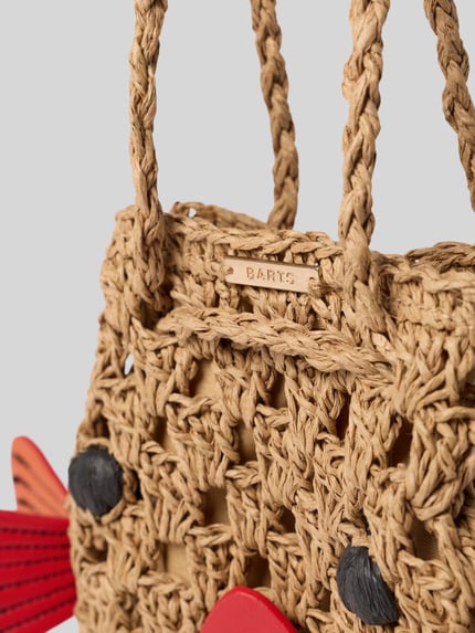 Produktfoto, Handtasche mit Schulterriemen Modell 'Glowie' von Barts aus beigem Flechtmaterial mit roten Akzenten, sichtbare Struktur