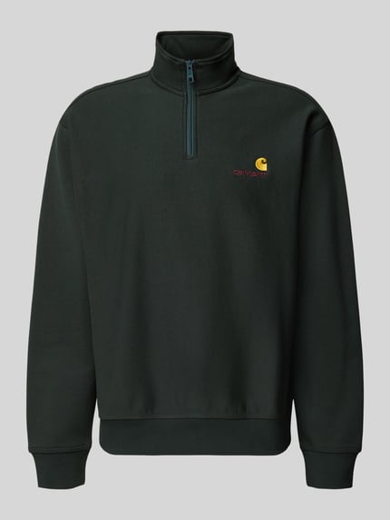 Produktfoto, Relaxed Fit Sweatshirt aus elastischem Material-Mix von Carhartt Work In Progress in Dunkelgrün mit Troyer-Kragen, Label-Detail und elastischen Abschlüssen, glatte Oberfläche