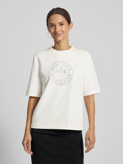 Marc Cain T-shirt z dodatkiem bawełny i obszyciem kamieniami stras Złamany biały 4