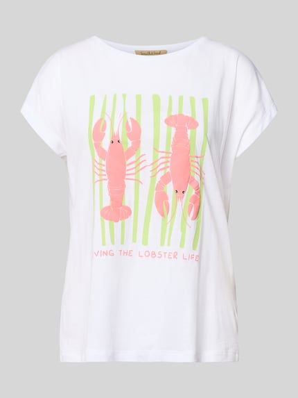 Produktfoto, Oversized T-Shirt mit Motiv-Print von Smith and Soul in Weiß mit Pastellfarben, Rundhalsausschnitt, Print mit Hummer und Statement aus Baumwoll-Modal-Mix