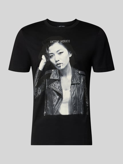Produktfoto, schwarzes Regular Fit T-Shirt aus reiner Escorial-Wolle von Antony Morato mit Label-Print und Rundhalsausschnitt