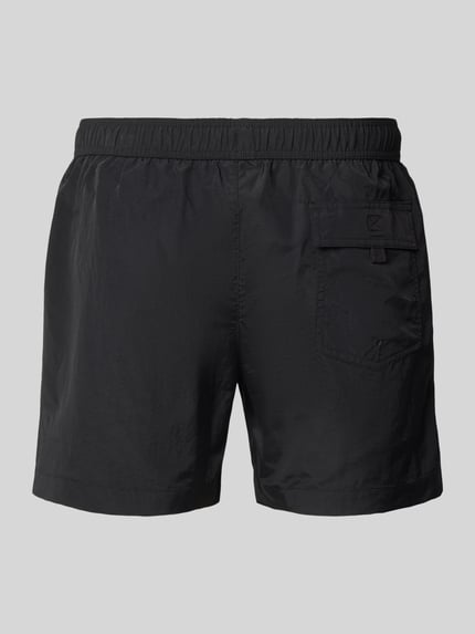 Produktfoto, schwarze Badehose mit elastischem Bund und Label-Stitching von CHAMPION, Regular-Fit, Tunnelzug, glatte Struktur