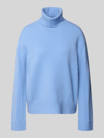 Produktfoto, Relaxed Fit Rollkragenpullover aus reiner Wolle von Liu Jo White in Hellblau mit gerippten Abschlüssen, Strasssteinen, Langarm, Damenmode