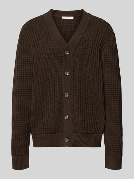 Produktfoto, Regular Fit Strickjacke aus reiner Baumwolle Modell 'TOM' van SELECTED HOMME, bruin, wafelstructuur, grofgebreid, lange mouw, knoopsluiting, unicolor.