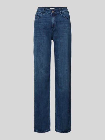 Produktfoto, Straight Fit Jeans aus Viskose mit Eingrifftaschen von Christian Berg Woman in dunklem Blau, sichtbare Nähte, glatte Textur, Damen Jeans aus reiner Viskose, Knopf- und Reißverschluss, Bundweite 38 cm, Innenbeinlänge 78 cm