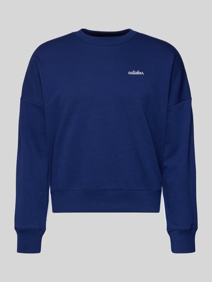 Produktfoto, Sweatshirt mit Label-Stitching von adidas Sportswear in Dunkelblau, Baumwoll-Mix mit Rayon-Anteil, lockerer Schnitt, gerippte Abschlüsse