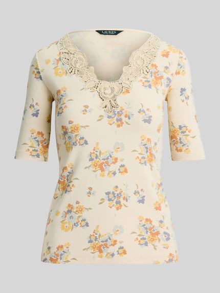 Lauren Ralph Lauren slim fit T-shirt van katoenmix met kant Zand - 2