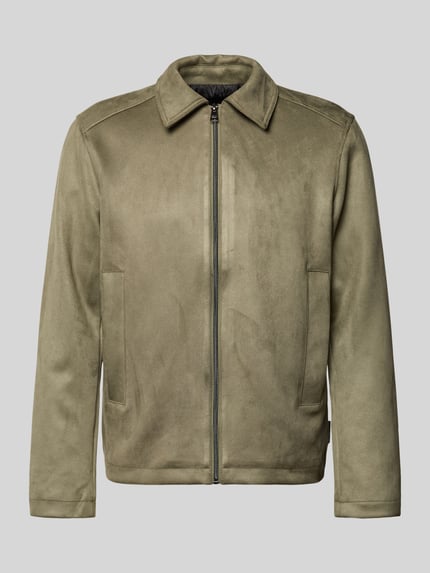 Produktfoto, Regular Fit Jacke in Lederoptik von Tom Tailor Denim in Olivgrün, unifarben, Kunstleder mit Umlegekragen und Reißverschluss.