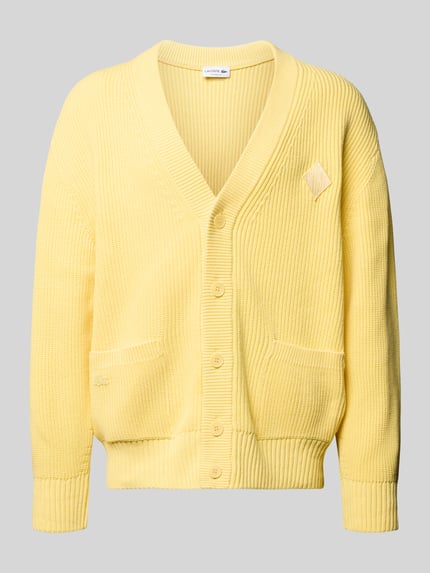 Produktfoto, Relaxed Fit Strickjacke aus Baumwoll-Mix Modell 'COTES PERLEES' van Lacoste, look: effen geel, knoopsluiting, katoenmix, geribd, labelopschrift, labelstitching