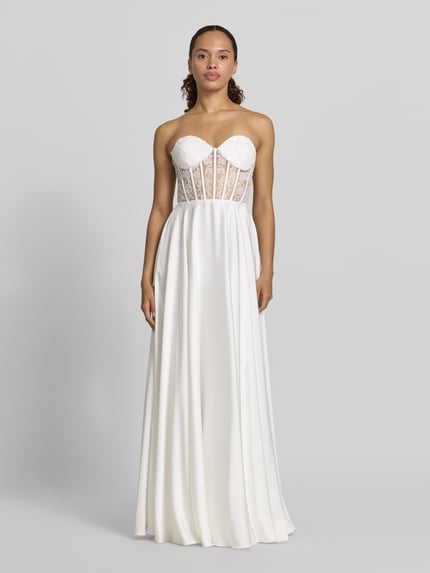 Kobiece modelka nosi Brautkleid mit Ziersteinbesatz von Laona, kwiatowy wzór, półprzezroczysty materiał, krój taliowany, z odkrytymi ramionami, długość tyłu 127 cm, szerokość w rozmiarze 36: 38 cm, pełny widok z przodu