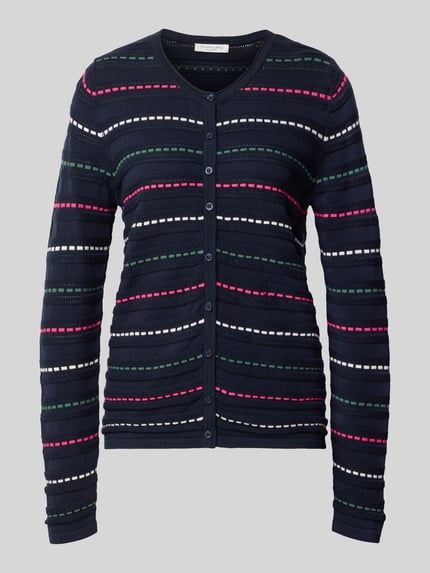 Produktfoto, Cardigan aus reiner Baumwolle von Christian Berg Woman mit dunkelblauem Grund, Streifen in Pink, Grün und Weiß, eng anliegende Passform, Rundhalsausschnitt, durchgehende Knopfleiste, Rückenlänge 62 cm, Ärmellänge 72 cm