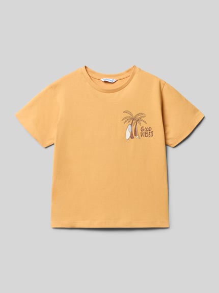 Produktfoto, Regular Fit T-Shirt mit Statement-Print von Mayoral aus reiner Baumwolle in Gelb mit Motiv-Print, Rundhalsausschnitt, Größe 116, Rückenlänge 45 cm