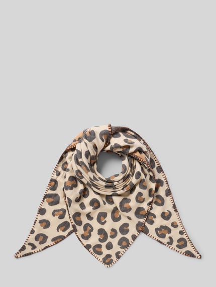 Produktfoto, Tuch mit Animal-Print von Codello in Beige, Braun und Schwarz, dreieckige Passform, eingefasste Abschlüsse, auf hellem Hintergrund, Maße ca. 220 x 100 cm