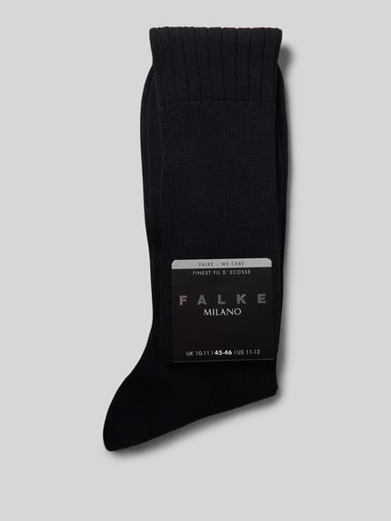 Produktfoto, schwarze Kniestrümpfe mit Label-Detail Modell 'MILANO' von FALKE aus Bio-Baumwoll-Mix, Rippbündchen, Ripp-Optik.